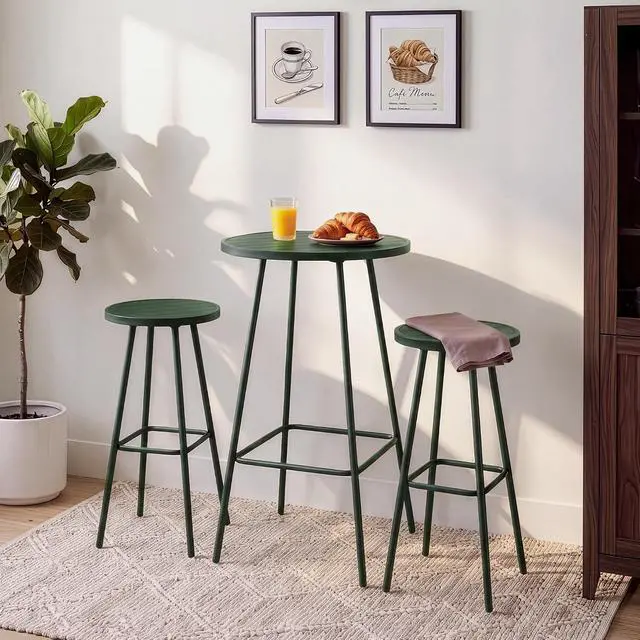 Alt view image 3 of 7 - 3-Piece Patio Dining Set, Bar Height, Outdoor Bistro Set, Outdoor Round Bar Table w/ 2 Bar Stools, Steel - Dark Green