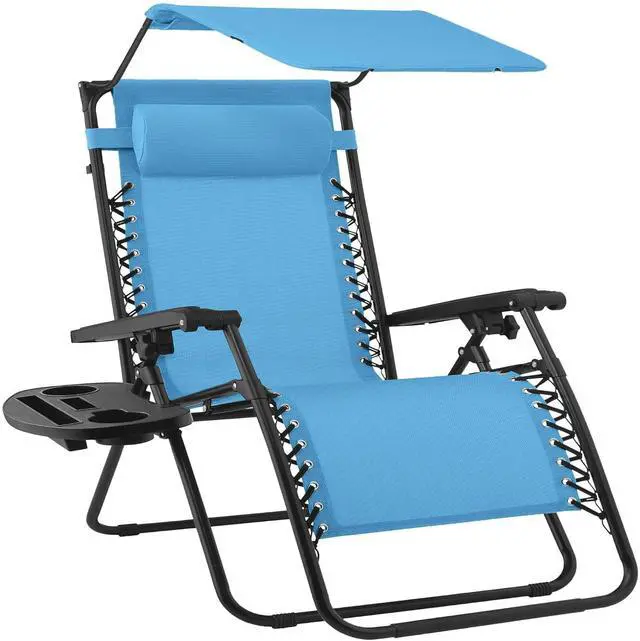 Main image of 30 Wide Folding Zero Gravity Outdoor Recliner Patio Lounge Chair w/Adjustable Canopy Shade, Headrest, Side Accessory Tray - Light Blue