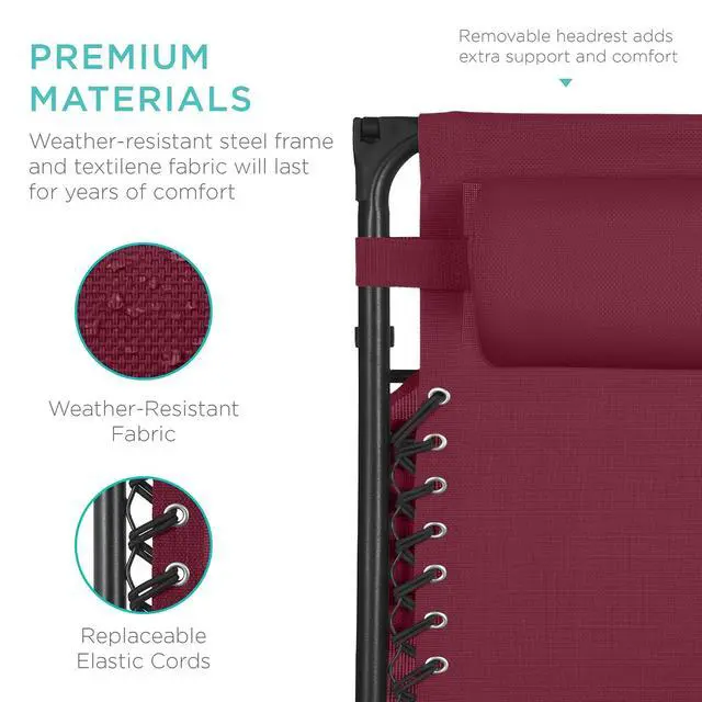 Alt view image 7 of 7 - 30 Wide Folding Zero Gravity Outdoor Recliner Patio Lounge Chair w/Adjustable Canopy Shade, Headrest, Side Accessory Tray - Burgundy