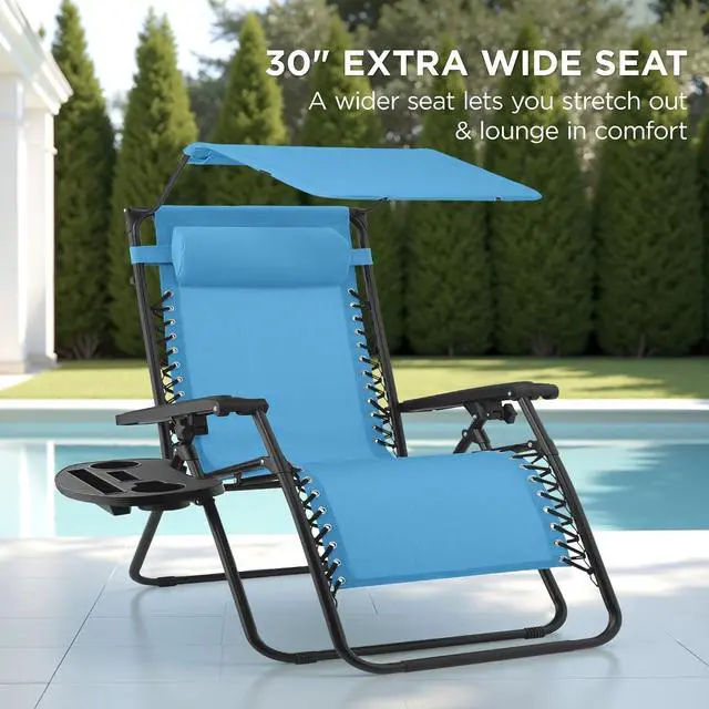 Alt view image 3 of 7 - 30 Wide Folding Zero Gravity Outdoor Recliner Patio Lounge Chair w/Adjustable Canopy Shade, Headrest, Side Accessory Tray - Light Blue