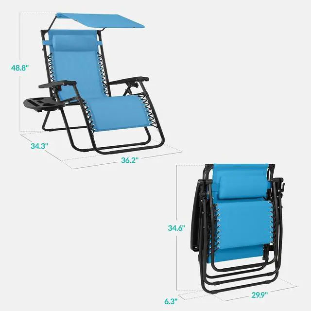 Alt view image 2 of 7 - 30 Wide Folding Zero Gravity Outdoor Recliner Patio Lounge Chair w/Adjustable Canopy Shade, Headrest, Side Accessory Tray - Light Blue