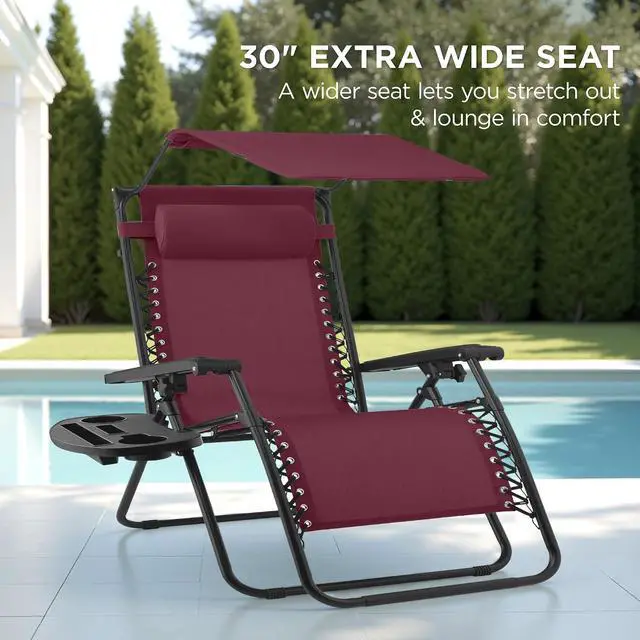 Alt view image 3 of 7 - 30 Wide Folding Zero Gravity Outdoor Recliner Patio Lounge Chair w/Adjustable Canopy Shade, Headrest, Side Accessory Tray - Burgundy