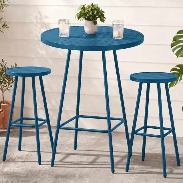 Main image of 3-Piece Patio Dining Set, Bar Height, Outdoor Bistro Set, Outdoor Round Bar Table w/ 2 Bar Stools, Steel - Peacock Blue