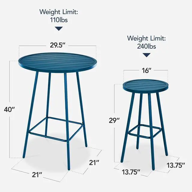 Alt view image 2 of 7 - 3-Piece Patio Dining Set, Bar Height, Outdoor Bistro Set, Outdoor Round Bar Table w/ 2 Bar Stools, Steel - Peacock Blue