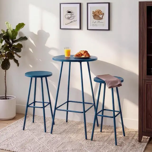 Alt view image 3 of 7 - 3-Piece Patio Dining Set, Bar Height, Outdoor Bistro Set, Outdoor Round Bar Table w/ 2 Bar Stools, Steel - Peacock Blue