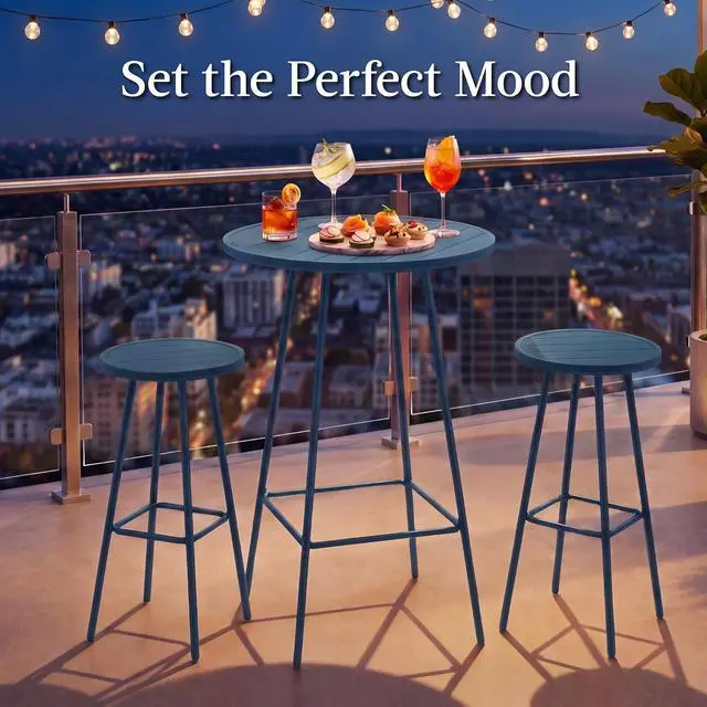 Alt view image 4 of 7 - 3-Piece Patio Dining Set, Bar Height, Outdoor Bistro Set, Outdoor Round Bar Table w/ 2 Bar Stools, Steel - Peacock Blue