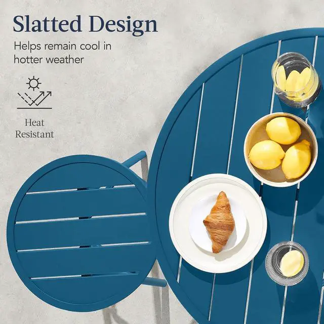 Alt view image 6 of 7 - 3-Piece Patio Dining Set, Bar Height, Outdoor Bistro Set, Outdoor Round Bar Table w/ 2 Bar Stools, Steel - Peacock Blue