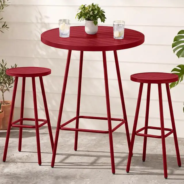 Main image of 3-Piece Patio Dining Set, Bar Height, Outdoor Bistro Set, Outdoor Round Bar Table w/ 2 Bar Stools, Steel - Red