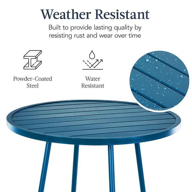 Alt view image 7 of 7 - 3-Piece Patio Dining Set, Bar Height, Outdoor Bistro Set, Outdoor Round Bar Table w/ 2 Bar Stools, Steel - Peacock Blue