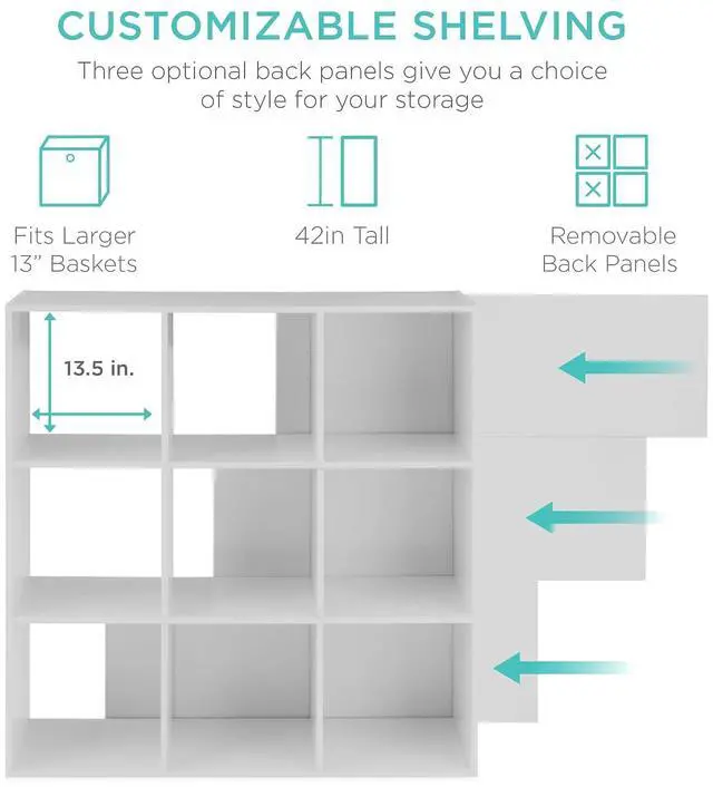 Alt view image 3 of 7 - Best Choice Products 9-Cube Storage Organizer, 13.5in Shelf Opening, Bookcase, Display Shelf, Customizable w/ 3 Removable Back Panels White