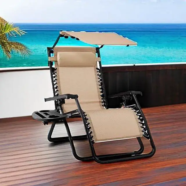 Alt view image 2 of 7 - Folding Zero Gravity Outdoor Recliner Patio Lounge Chair w/Adjustable Canopy Shade, Headrest, Side Accessory Tray, Textilene Mesh - Beige