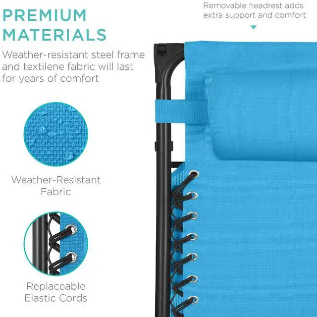 Alt view image 7 of 7 - 30 Wide Folding Zero Gravity Outdoor Recliner Patio Lounge Chair w/Adjustable Canopy Shade, Headrest, Side Accessory Tray - Light Blue