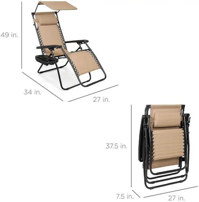 Alt view image 3 of 7 - Folding Zero Gravity Outdoor Recliner Patio Lounge Chair w/Adjustable Canopy Shade, Headrest, Side Accessory Tray, Textilene Mesh - Beige