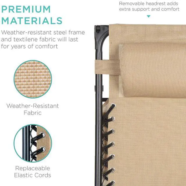 Alt view image 6 of 7 - Folding Zero Gravity Outdoor Recliner Patio Lounge Chair w/Adjustable Canopy Shade, Headrest, Side Accessory Tray, Textilene Mesh - Beige