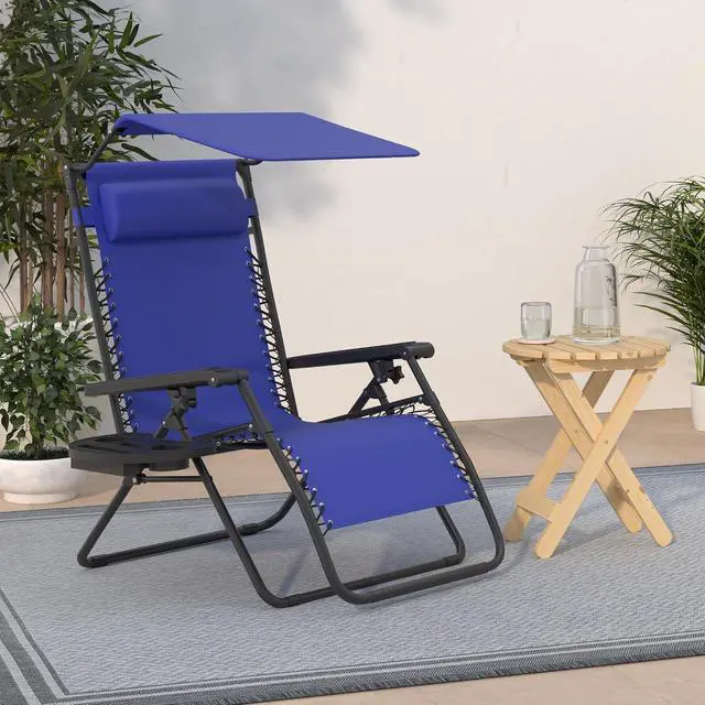 Alt view image 2 of 7 - Folding Zero Gravity Outdoor Recliner Patio Lounge Chair w/Adjustable Canopy Shade, Headrest, Side Accessory Tray, Textilene Mesh - Cobalt Blue
