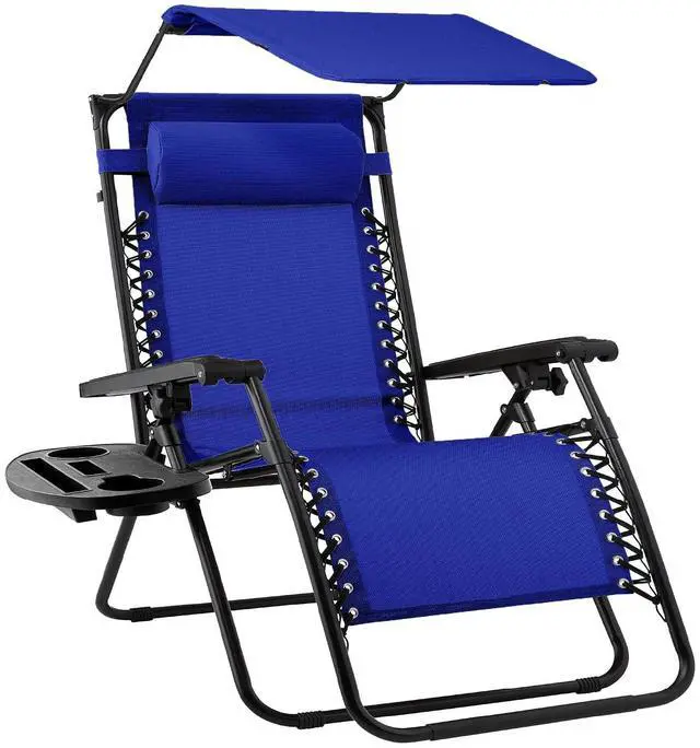Main image of Folding Zero Gravity Outdoor Recliner Patio Lounge Chair w/Adjustable Canopy Shade, Headrest, Side Accessory Tray, Textilene Mesh - Cobalt Blue