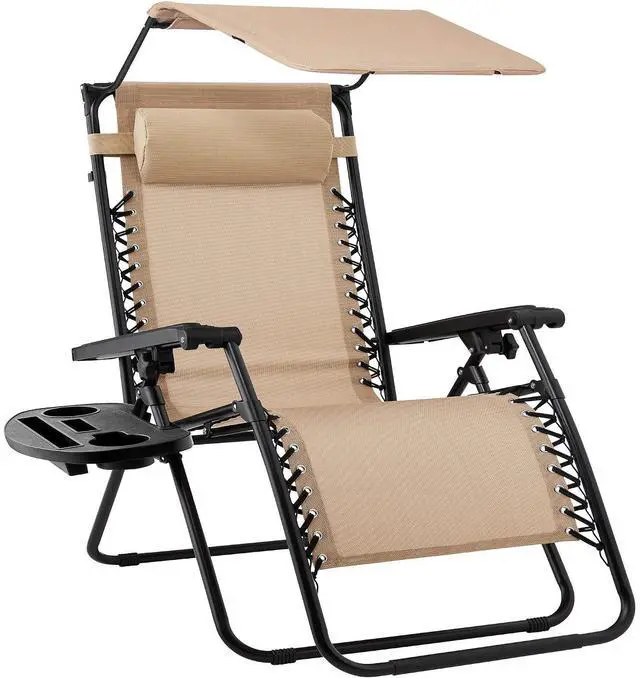 Main image of Folding Zero Gravity Outdoor Recliner Patio Lounge Chair w/Adjustable Canopy Shade, Headrest, Side Accessory Tray, Textilene Mesh - Beige