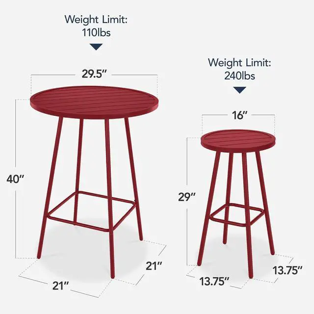 Alt view image 2 of 7 - 3-Piece Patio Dining Set, Bar Height, Outdoor Bistro Set, Outdoor Round Bar Table w/ 2 Bar Stools, Steel - Red
