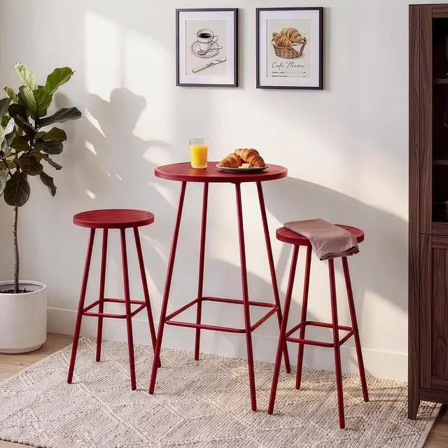 Alt view image 3 of 7 - 3-Piece Patio Dining Set, Bar Height, Outdoor Bistro Set, Outdoor Round Bar Table w/ 2 Bar Stools, Steel - Red