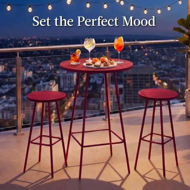 Alt view image 4 of 7 - 3-Piece Patio Dining Set, Bar Height, Outdoor Bistro Set, Outdoor Round Bar Table w/ 2 Bar Stools, Steel - Red