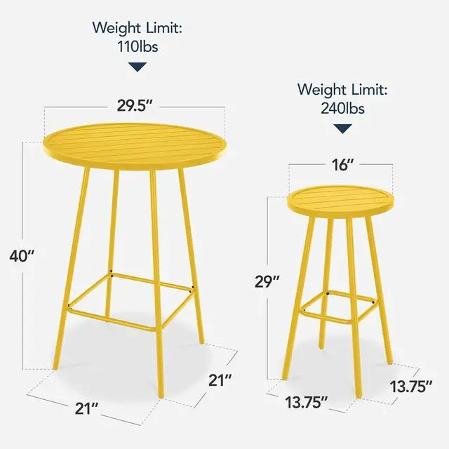 Alt view image 2 of 7 - 3-Piece Patio Dining Set, Bar Height, Outdoor Bistro Set, Outdoor Round Bar Table w/ 2 Bar Stools, Steel - Yellow