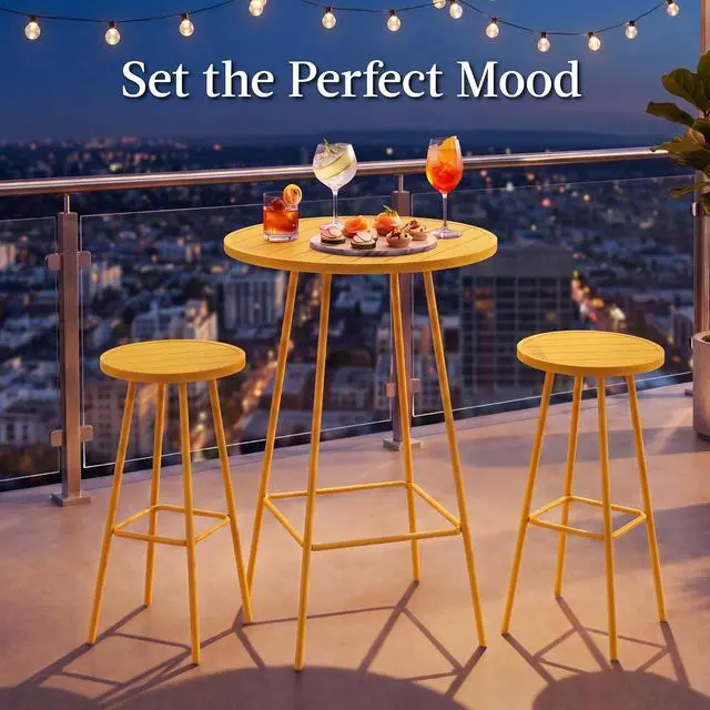 Alt view image 4 of 7 - 3-Piece Patio Dining Set, Bar Height, Outdoor Bistro Set, Outdoor Round Bar Table w/ 2 Bar Stools, Steel - Yellow