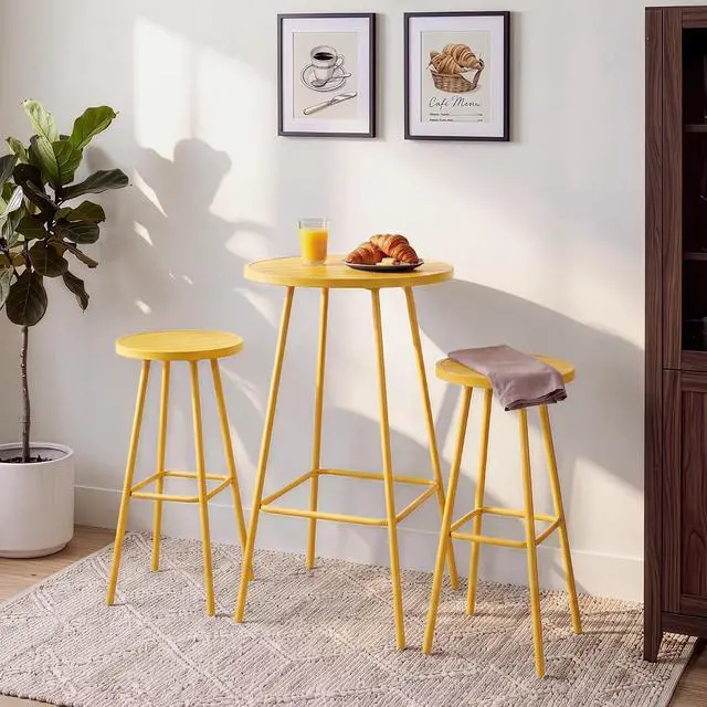 Alt view image 3 of 7 - 3-Piece Patio Dining Set, Bar Height, Outdoor Bistro Set, Outdoor Round Bar Table w/ 2 Bar Stools, Steel - Yellow