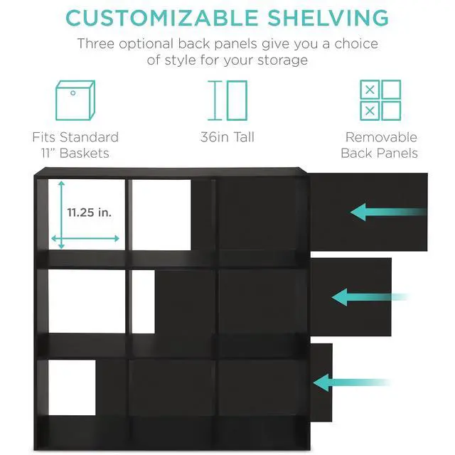 Alt view image 4 of 7 - Best Choice Products 9-Cube Storage Organizer, 11in Shelf Opening, Bookcase, Display Shelf, Customizable w/ 3 Removable Back Panels - Black