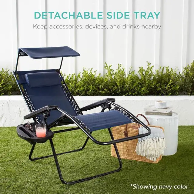 Alt view image 7 of 7 - Folding Zero Gravity Outdoor Recliner Patio Lounge Chair w/Adjustable Canopy Shade, Headrest, Side Accessory Tray, Textilene Mesh - Cobalt Blue