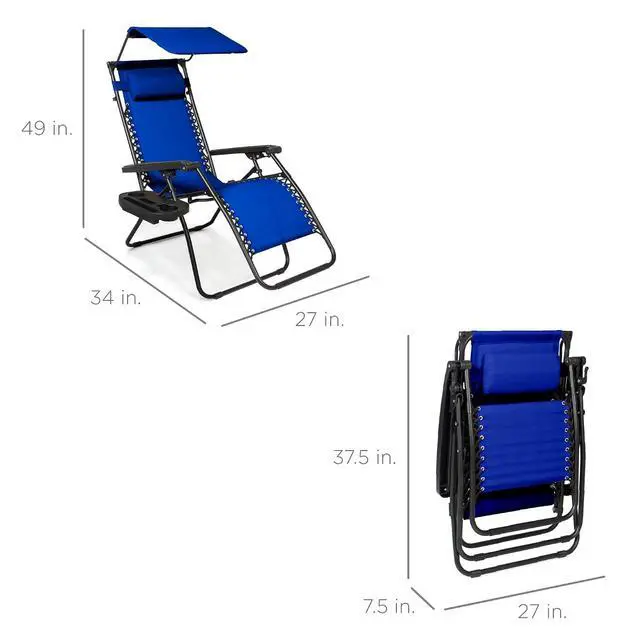 Alt view image 3 of 7 - Folding Zero Gravity Outdoor Recliner Patio Lounge Chair w/Adjustable Canopy Shade, Headrest, Side Accessory Tray, Textilene Mesh - Cobalt Blue
