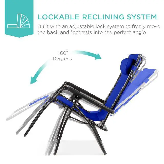 Alt view image 4 of 7 - Folding Zero Gravity Outdoor Recliner Patio Lounge Chair w/Adjustable Canopy Shade, Headrest, Side Accessory Tray, Textilene Mesh - Cobalt Blue
