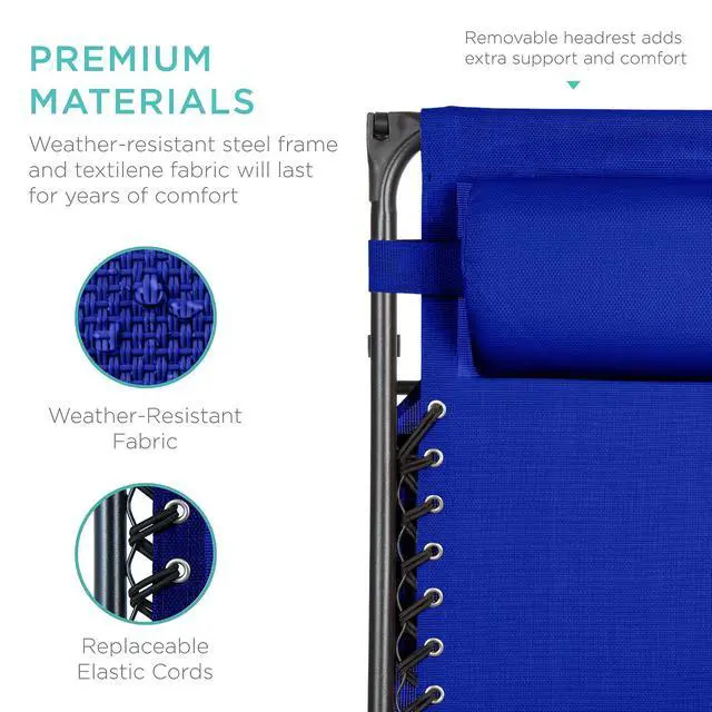 Alt view image 6 of 7 - Folding Zero Gravity Outdoor Recliner Patio Lounge Chair w/Adjustable Canopy Shade, Headrest, Side Accessory Tray, Textilene Mesh - Cobalt Blue