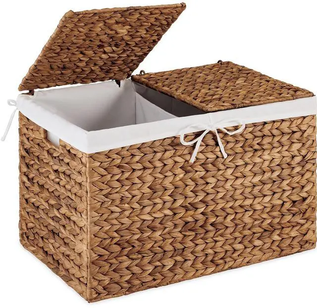 Main image of Wicker Storage Basket W/ 2 Separate Lids, Rattan Woven 17.2 Gallon (65L) Basket, Foldable, Removable Washable Liner Bags for Toys, Linens, Blankets, & Laundry - Chestnut