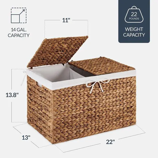 Alt view image 2 of 7 - Wicker Storage Basket W/ 2 Separate Lids, Rattan Woven 17.2 Gallon (65L) Basket, Foldable, Removable Washable Liner Bags for Toys, Linens, Blankets, & Laundry - Chestnut