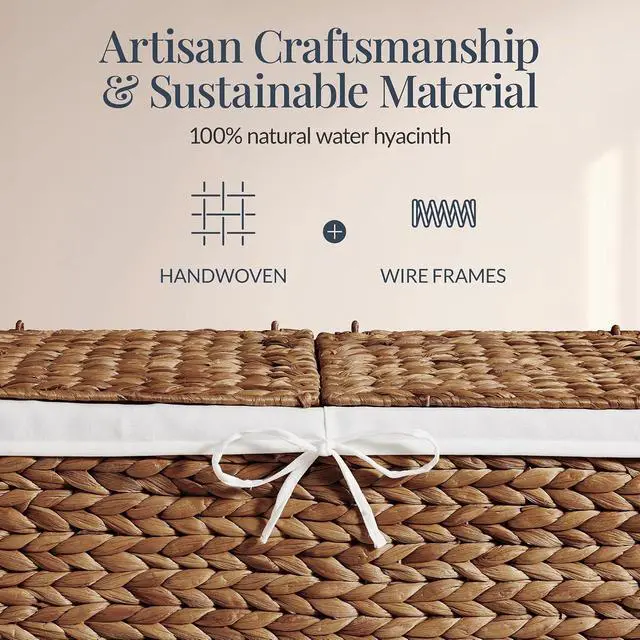 Alt view image 3 of 7 - Wicker Storage Basket W/ 2 Separate Lids, Rattan Woven 17.2 Gallon (65L) Basket, Foldable, Removable Washable Liner Bags for Toys, Linens, Blankets, & Laundry - Chestnut