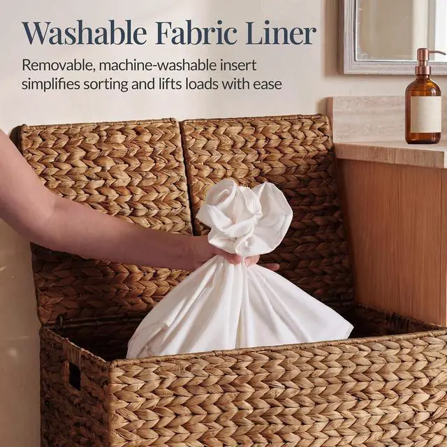 Alt view image 5 of 7 - Wicker Storage Basket W/ 2 Separate Lids, Rattan Woven 17.2 Gallon (65L) Basket, Foldable, Removable Washable Liner Bags for Toys, Linens, Blankets, & Laundry - Chestnut