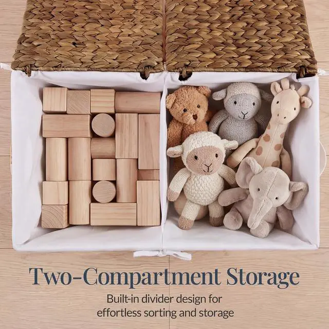 Alt view image 4 of 7 - Wicker Storage Basket W/ 2 Separate Lids, Rattan Woven 17.2 Gallon (65L) Basket, Foldable, Removable Washable Liner Bags for Toys, Linens, Blankets, & Laundry - Chestnut