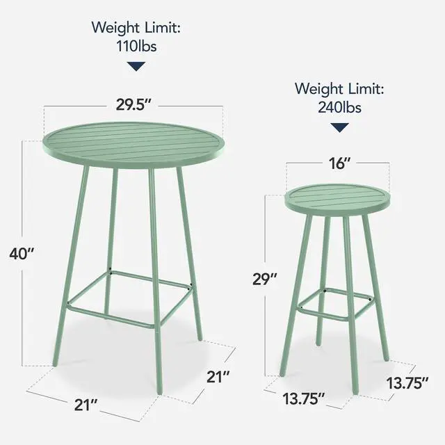 Alt view image 2 of 7 - 3-Piece Patio Dining Set, Bar Height, Outdoor Bistro Set, Outdoor Round Bar Table w/ 2 Bar Stools, Steel - Sage