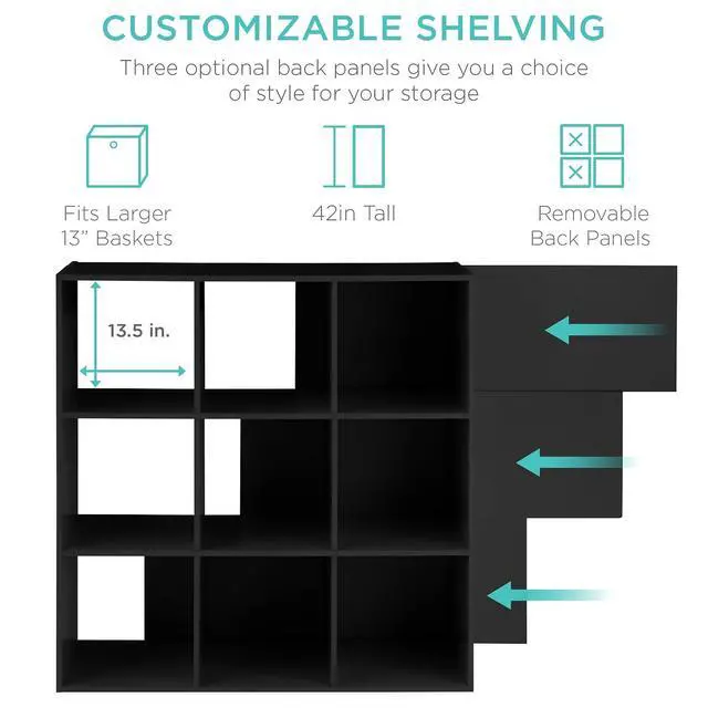 Alt view image 3 of 7 - Best Choice Products 9-Cube Storage Organizer, 13.5in Shelf Opening, Bookcase, Display Shelf, Customizable w/ 3 Removable Back Panels Black