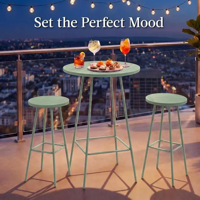 Alt view image 4 of 7 - 3-Piece Patio Dining Set, Bar Height, Outdoor Bistro Set, Outdoor Round Bar Table w/ 2 Bar Stools, Steel - Sage