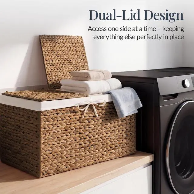 Alt view image 6 of 7 - Wicker Storage Basket W/ 2 Separate Lids, Rattan Woven 17.2 Gallon (65L) Basket, Foldable, Removable Washable Liner Bags for Toys, Linens, Blankets, & Laundry - Chestnut