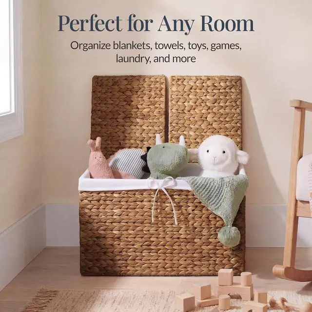 Alt view image 7 of 7 - Wicker Storage Basket W/ 2 Separate Lids, Rattan Woven 17.2 Gallon (65L) Basket, Foldable, Removable Washable Liner Bags for Toys, Linens, Blankets, & Laundry - Chestnut