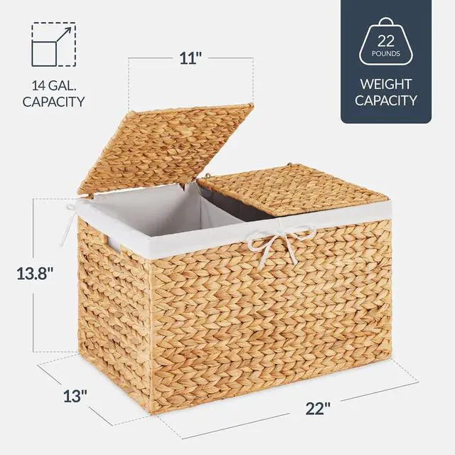 Alt view image 2 of 7 - Wicker Storage Basket W/ 2 Separate Lids, Rattan Woven 17.2 Gallon (65L) Basket, Foldable, Removable Washable Liner Bags for Toys, Linens, Blankets, & Laundry - Natural