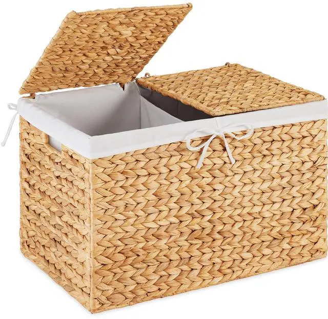 Main image of Wicker Storage Basket W/ 2 Separate Lids, Rattan Woven 17.2 Gallon (65L) Basket, Foldable, Removable Washable Liner Bags for Toys, Linens, Blankets, & Laundry - Natural