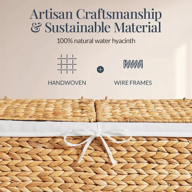 Alt view image 3 of 7 - Wicker Storage Basket W/ 2 Separate Lids, Rattan Woven 17.2 Gallon (65L) Basket, Foldable, Removable Washable Liner Bags for Toys, Linens, Blankets, & Laundry - Natural