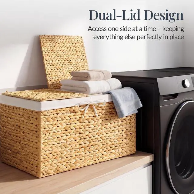 Alt view image 6 of 7 - Wicker Storage Basket W/ 2 Separate Lids, Rattan Woven 17.2 Gallon (65L) Basket, Foldable, Removable Washable Liner Bags for Toys, Linens, Blankets, & Laundry - Natural