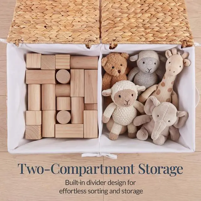 Alt view image 4 of 7 - Wicker Storage Basket W/ 2 Separate Lids, Rattan Woven 17.2 Gallon (65L) Basket, Foldable, Removable Washable Liner Bags for Toys, Linens, Blankets, & Laundry - Natural