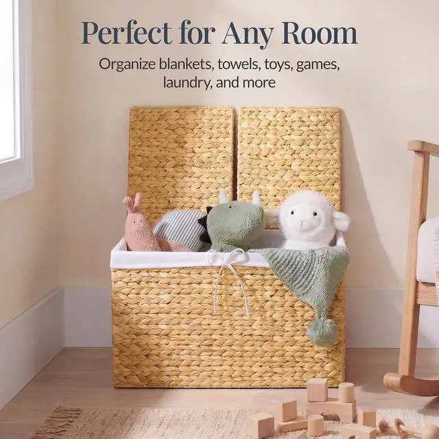 Alt view image 7 of 7 - Wicker Storage Basket W/ 2 Separate Lids, Rattan Woven 17.2 Gallon (65L) Basket, Foldable, Removable Washable Liner Bags for Toys, Linens, Blankets, & Laundry - Natural