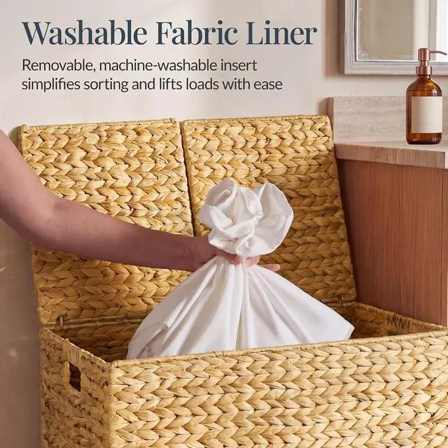 Alt view image 5 of 7 - Wicker Storage Basket W/ 2 Separate Lids, Rattan Woven 17.2 Gallon (65L) Basket, Foldable, Removable Washable Liner Bags for Toys, Linens, Blankets, & Laundry - Natural