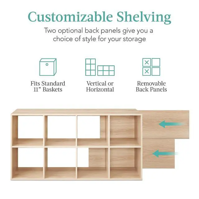 Alt view image 4 of 7 - Best Choice Products 8-Cube Storage Organizer, 11in Shelf Opening, Bookcase, Display Shelf, Customizable w/ 3 Removable Back Panels Light Oak